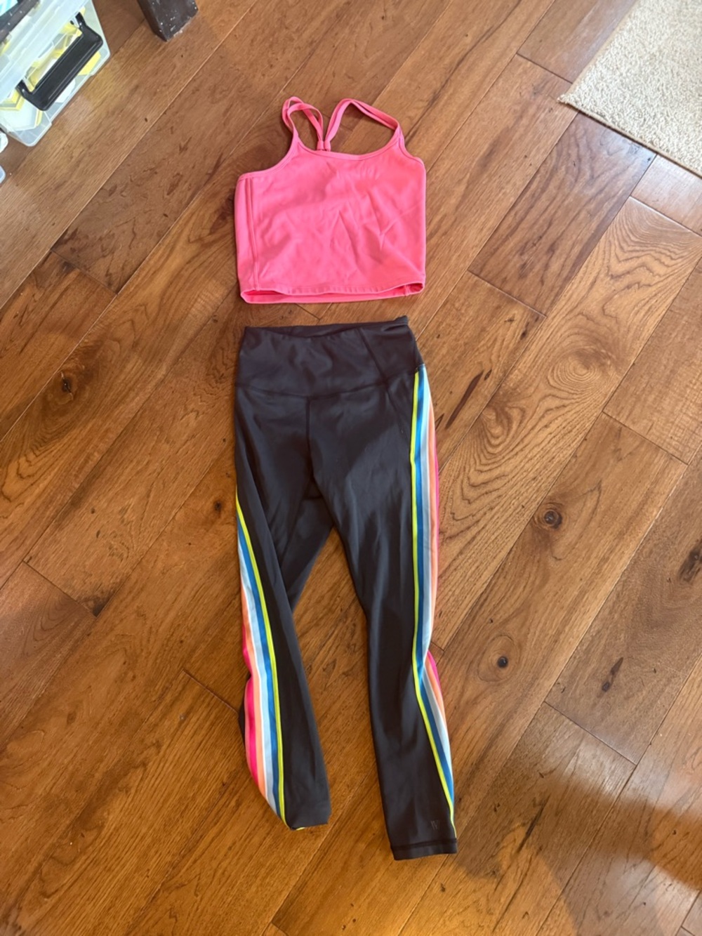 IVL Pink Cropped Tank Top (6) with Black Rainbow-Striped Leggings (4)